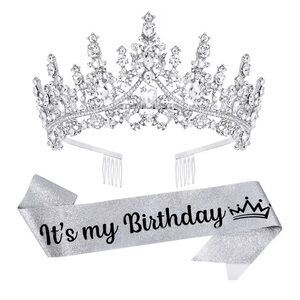 Silver Crystal Tiara with Birthday Sash